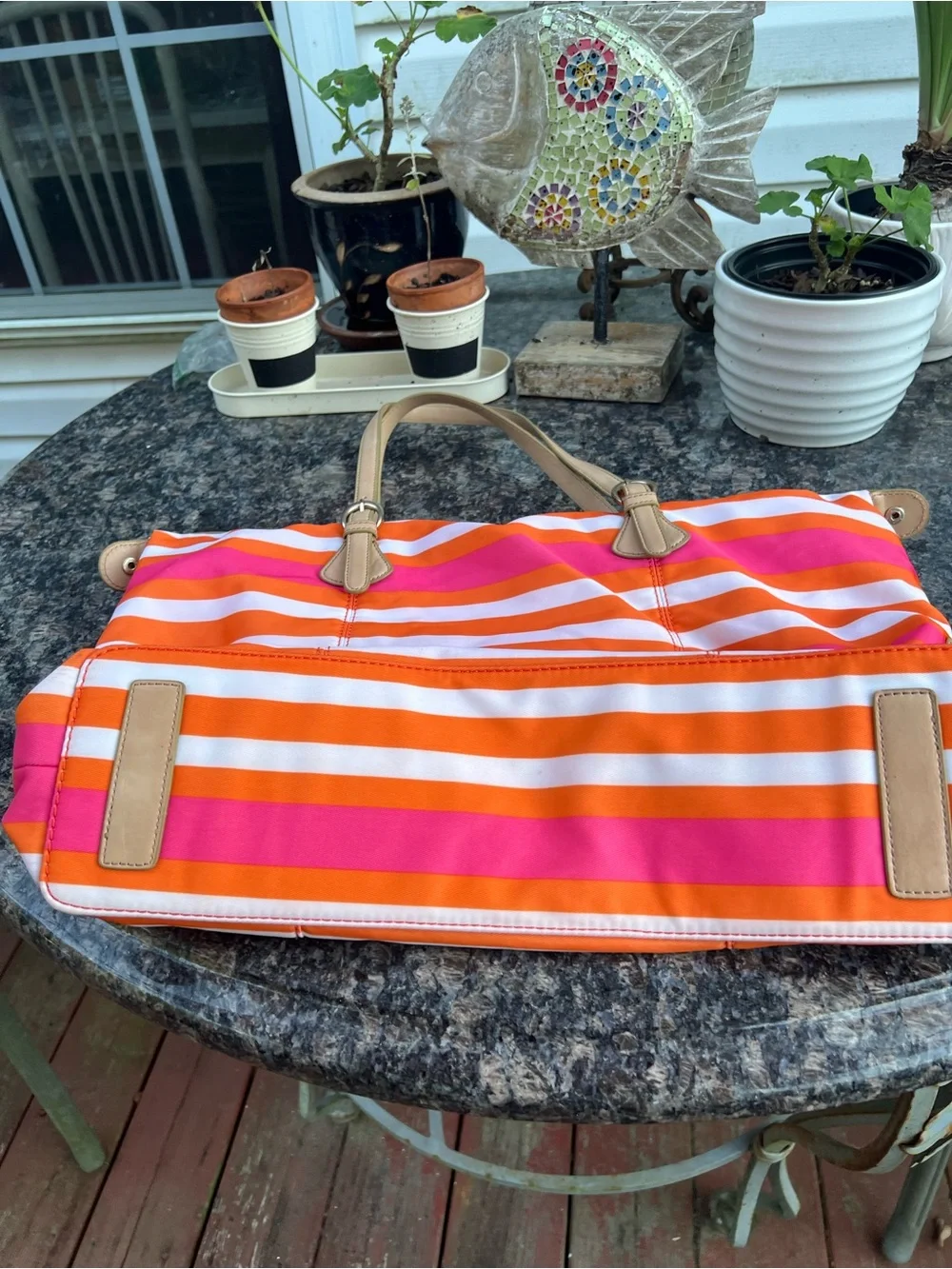 Banana Republic Pink, Orange & White Striped Tote with Neutral Handles